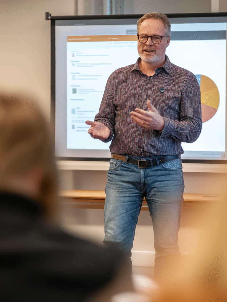 En föreläsare som talar och bakom honom en powerpoint-presentation En föreläsare som talar och bakom honom en powerpoint-presentation