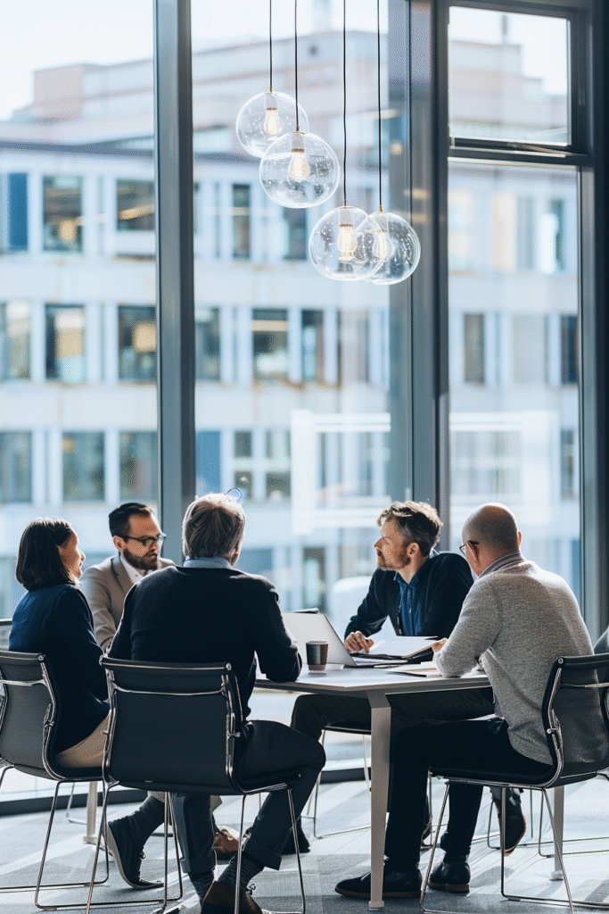 Företagsledare i gruppdiskussion under ett LeadrUp-möte.